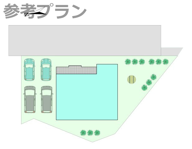 こちらは建物プラン例：参考イメージ図です。　区画内の建物・駐車場・庭の配置の一例です。