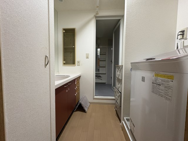 洗面化粧台と洗濯機置場を備えた洗面室は、生活動線に配慮された配置です。朝の身支度や帰宅後の手洗いもスムーズに行えます。収納スペースも確保されており、タオルや洗剤類をすっきり整理可能です。