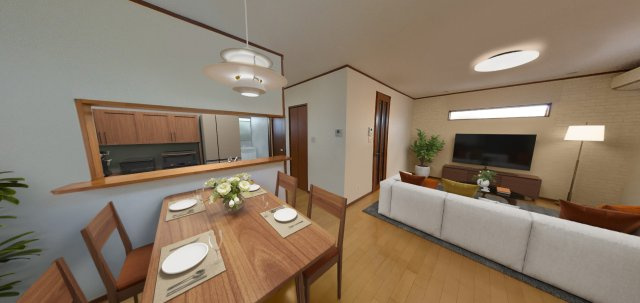 【LDK】　ご家族やご友人との会話が弾む、対面式のキッチンが採用されています。※CG加工された画像のため実際とは異なる場合がございます。