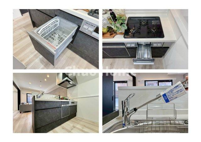 【システムキッチン】ワイドで収納豊富な使い勝手の良いカウンターキッチンには、食洗器・伸縮タイプのキッチン水栓、三ツ口コンロ・魚焼きグリルなどの便利な設備が標準完備されています。