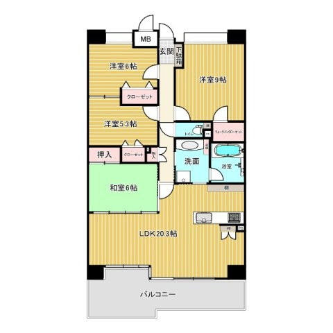 ゆとりある20.3帖のLDKを中心とした4LDKの間取り。洋室3室と和室1室を備え、ご家族それぞれの個室も確保しやすい設計です。ウォークインクローゼットや各所の収納もあり、居住空間をすっきり使えます。