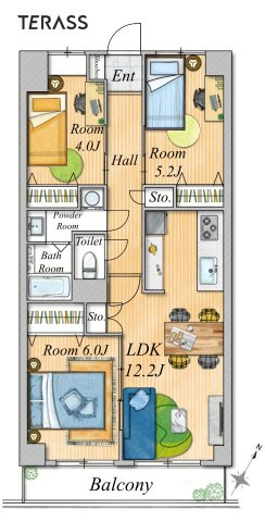 家具配置イメージ。LD横の洋室は扉を開けて広いリビングとしても利用できます