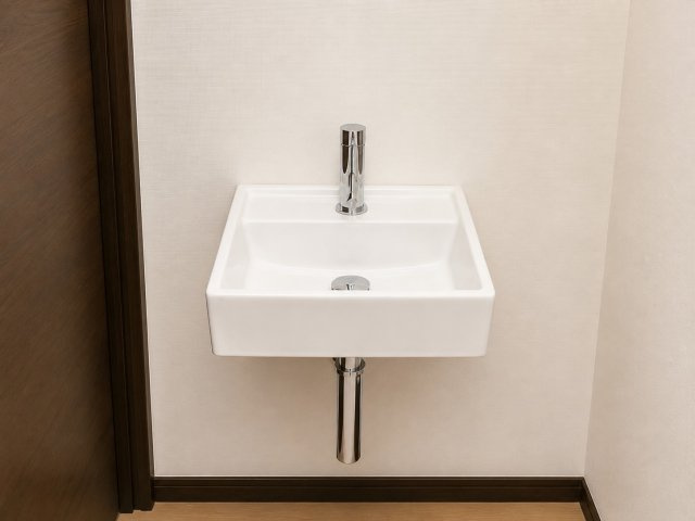 玄関近くに設置された便利な手洗いスペースです。帰宅後すぐに手洗いができるため、衛生的な生活をサポート。シンプルでスタイリッシュなデザインが空間に調和し、来客時にも重宝する設備です。　