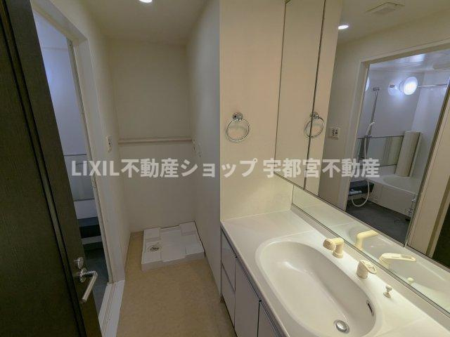 洗面室。洗濯機置き場、洗面台、リネン庫がございます