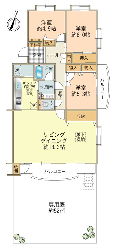 約52？の専用庭が有る94.85？、新築時の4LDKを3LDKに間取り変更してます。