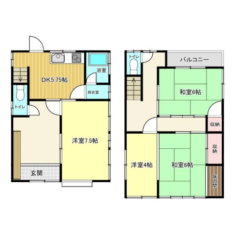 ご家族での暮らしに最適な住まい。1階にはDKとの洋室を配置し、生活動線もスムーズ。2階には和室が2部屋あり、くつろぎ空間や客間としても活用可能。バルコニー付きで通風・採光も良好。収納スペースも充実。
