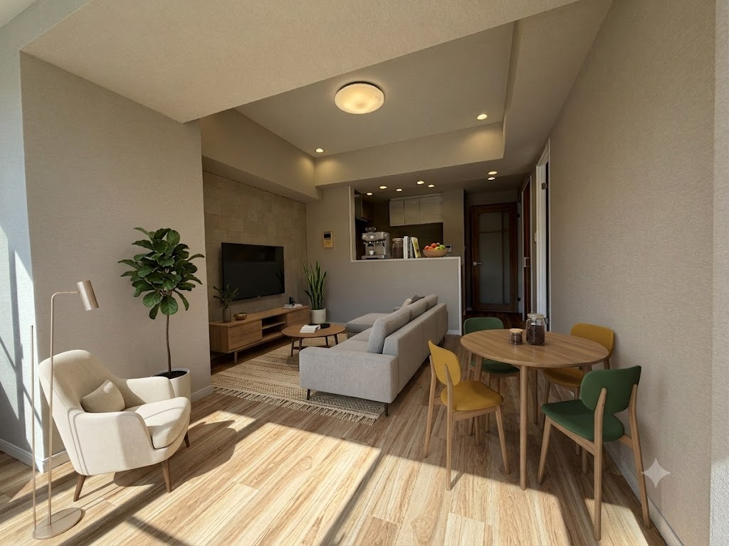 陽光がやさしく差し込むリビング。対面キッチンからは部屋全体を見渡せて安心です。
