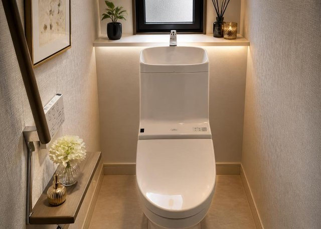 清潔感あふれるトイレ空間には利便性の高い温水洗浄便座を装備済みです。本物件は1階と2階の計2箇所にトイレが設置されているため、朝の忙しい時間帯もご家族同士で混雑することなく快適にお使いいただけます。