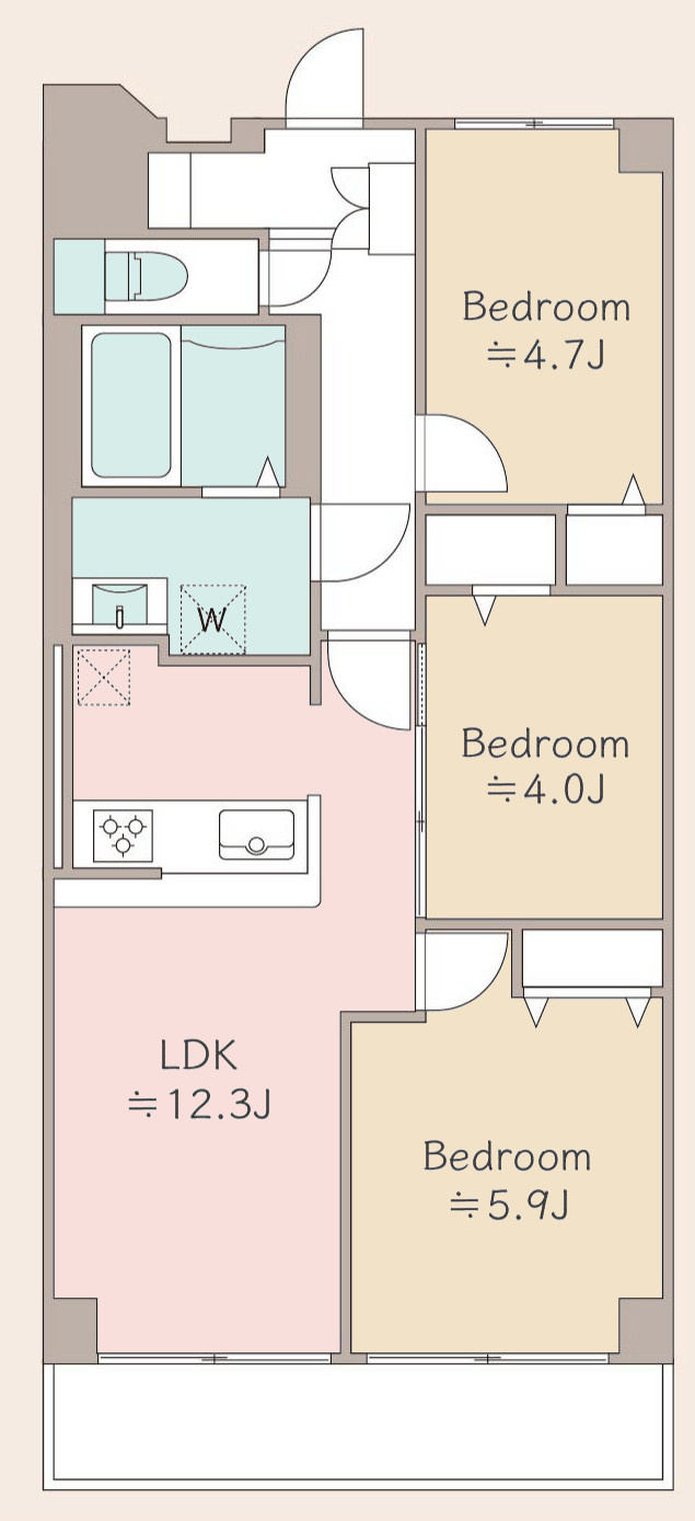3LDKは、リビングダイニングキッチンと3つの居室がある間取り。ファミリー層に非常に人気の高い間取りで、広々としたリビングで家族団らんを楽しみ、個室でプライベートな時間も確保できるのが大きな魅力です。