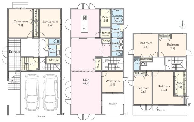 ■建物プラン例（間取図？）建物面積：311.96？（94.36坪）、建物価格：15070万円　※別途、外構工事費・付帯工事費・諸費用等が必要となります　※当該プランの採用および変更は自由に可能です