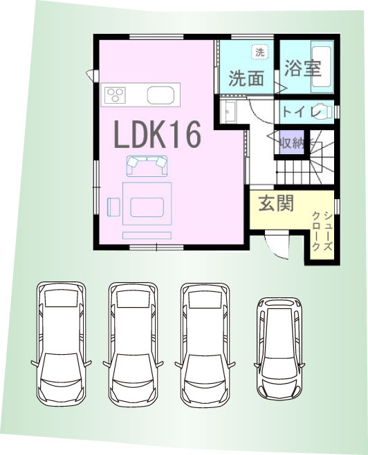 車4台駐車可能！※車の配置は一例です。