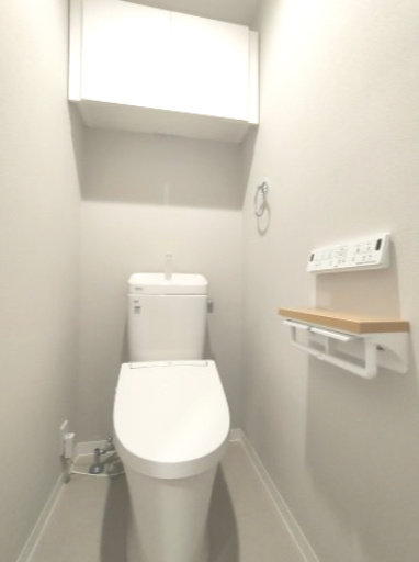 【トイレ】　洗浄機能付きトイレ。上部には収納付で、トイレットペーパー等、買い置きもしやすそうです。