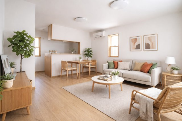 家族の声が重なるたび、部屋がぬくもりで満ちていく。“ただいま”から“おやすみ”まで、心がつながるリビングです（AIによる加工をしています）