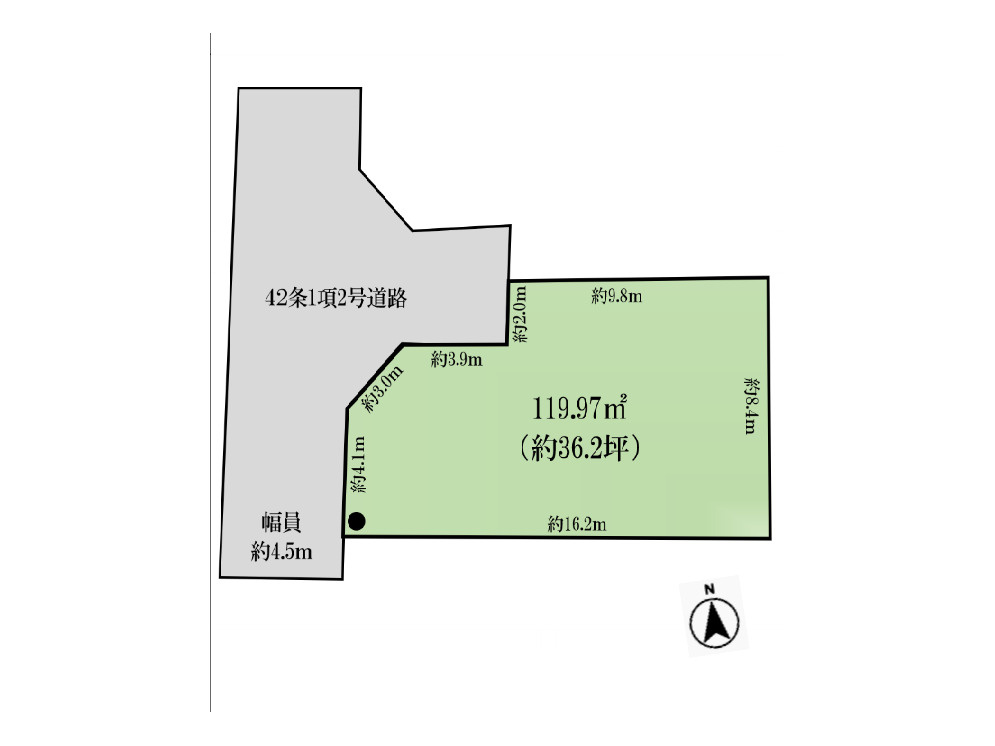 土地の形状・寸法・接道を示した図です。現況と異なる場合は現況を優先します。高低差や日当たり、境界標の位置、周辺環境は現地でご確認いただけます。見学・資料請求はお気軽にお問い合わせください。