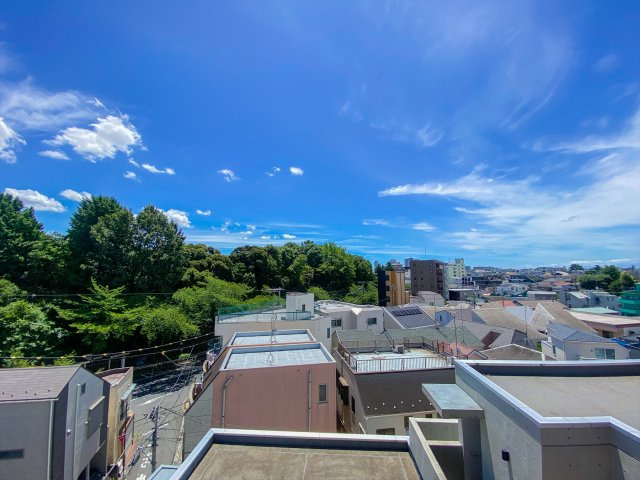 南側の眺望です。一面の青空、哲学堂公園の緑、中野通の桜並木まで見ることができる贅沢な眺望。