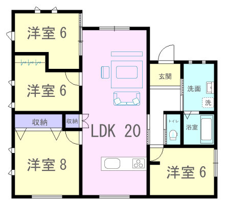 20帖の広々リビングに洋室が4部屋ある間取りです！平屋建てなので老後も生活がしやすいお家です♪