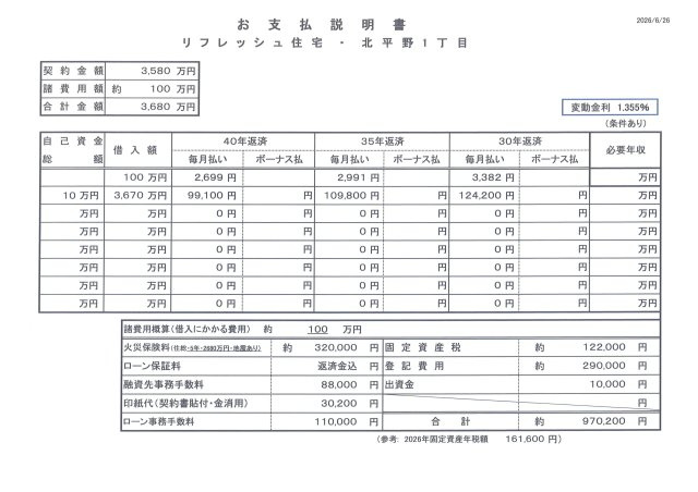 【お支払い説明書（例）】必要な諸費用全て含めて計算しております。ご入居後に余分な出費はございません。