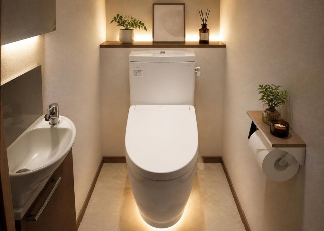 2026年7月のリフォームにより新調された清潔感あるトイレ設備です。温水洗浄便座が完備されており、日々の生活を快適にサポートします。館内にはトイレが2ヶ所設置されているため朝のラッシュ時も安心です。
