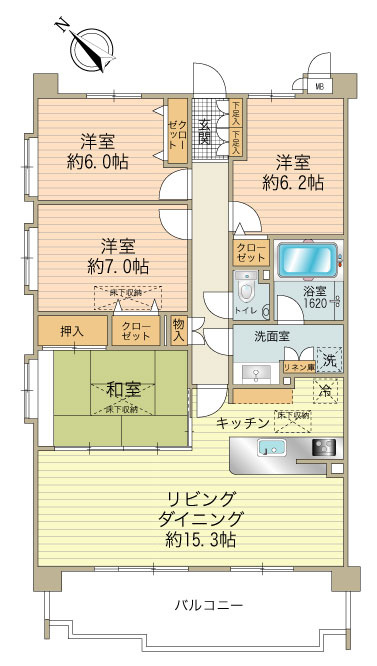 全室6帖超を確保したゆとりある4ＬＤＫ　角部屋3面採光です