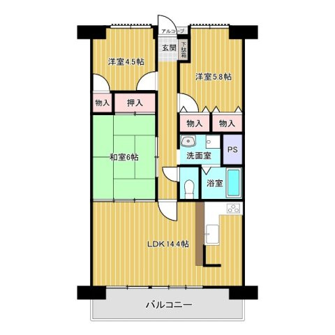 間取り3LDK。約14.4帖のLDK、キッチンは対面式で、料理中もリビングを見渡せ、会話が弾みます。リビングに隣接する和室は、客間やお子様の遊び場、襖を開け放ってLDKの一部として利用してみても。