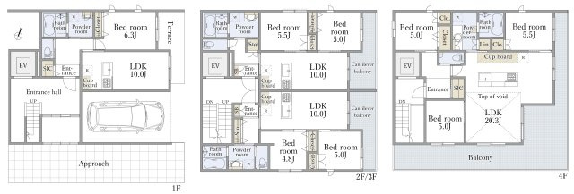 建物プラン例_02：4階建て賃貸併用　建物面積：454.27？[約137.42坪]、　建物価格：2億2、050万円　※別途、外構・付帯工事費等が必要となります　。　※建物プランは一例です。