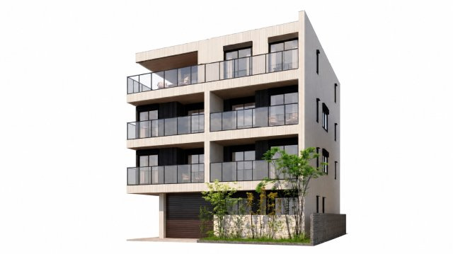 建物プラン例_02（外観パース）：4階建て賃貸併用　建物面積：454.27？[約137.42坪]、　建物価格：2億2、050万円　※別途、外構・付帯工事費等が必要となります　。　※建物プランは一例です