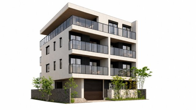 建物プラン例_02（外観パース）：4階建て賃貸併用　建物面積：454.27？[約137.42坪]、　建物価格：2億2、050万円　※別途、外構・付帯工事費等が必要となります　。　※建物プランは一例です