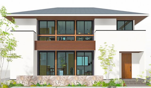 ■建物プラン例（完成予想図）　建物面積：146.57m2（44.33坪）、建物価格：6380万円　※別途、外構工事費・付帯工事費・諸費用等が必要となります　※当該プランの採用および変更は自由に可能です