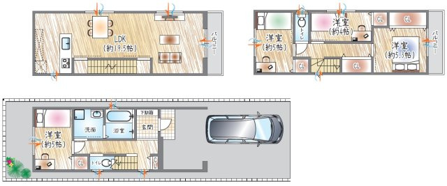 【参考プラン？】(ベストプラン建物価格：2480万円～)　■建物面積：99.38？■3階建て×4LDK　19.5帖のLDKが魅力！帰宅後の手洗いや水まわりの動線もスムーズで、毎日が快適になる間取り