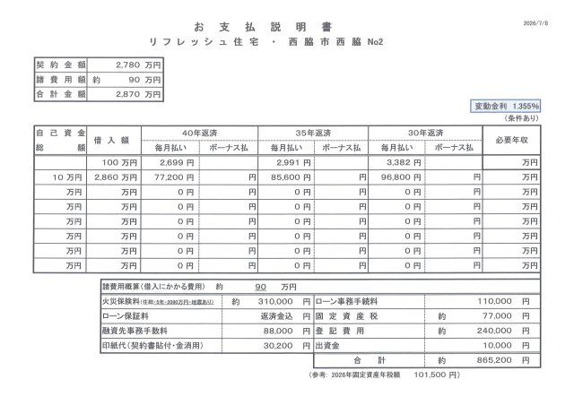【お支払い説明書（例）】必要な諸費用全て含めて計算しております。ご入居後に余分な出費はございません。