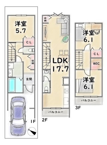 《参考プラン》2400万円　延床面積：99.99平米（1F:34.78平米　2F:37.68平米　3F:27.53平米）1Fに掘り込み部分7.04平米含　建築確認申請費110万円、外構費50万円別途要