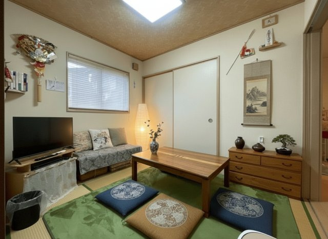 畳敷きの和室で、寝室としても利用可能な落ち着いた空間　※本画像はAIによる家具配置です。実際の仕様とは異なる場合があります。リフォームのご相談も承ります。