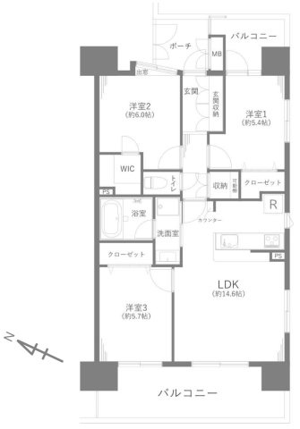 3LDK　専有面積72.08？　バルコニー面積18.44？　ポーチ面積3.90？　角住戸！全居室フローリング仕様でお掃除もラクラクです。南西・南東向きならではの抜群の陽当たりと開放的な眺望です。