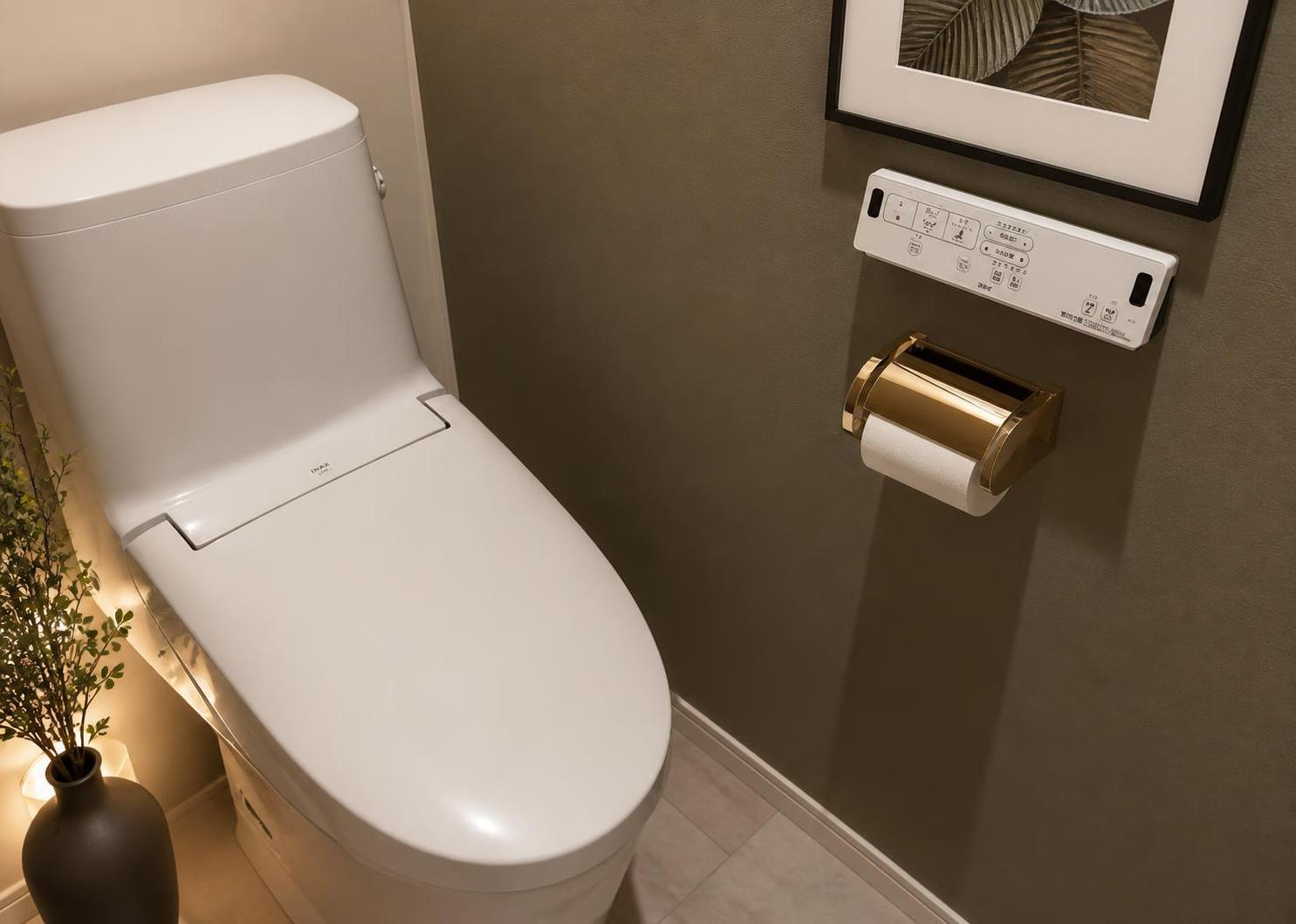 衛生面で安心な温水洗浄便座を標準搭載したトイレ空間です。本新築戸建てでは1階と2階の合計2箇所にトイレが設置されているため、朝の身支度で混み合う時間帯でもご家族みんなで快適に使用できます。