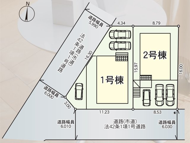 全2区画図の販売です。2号棟をご参照ください。駐車スペースは3台可能！