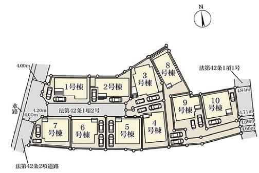 9号棟　東側約4.6ｍ公道　旗竿地（間口約2.1ｍ）　駐車2台（車種によります）　敷地面積45.6坪（路地状部分含む）