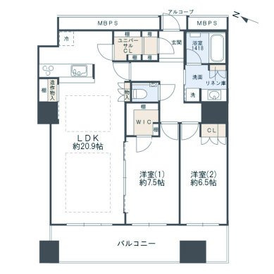 【間取り】LDK約20.9帖、約83？ファミリー向け2LDK住戸！リビングと洋室(1)とつなげて一体的に使えます！
