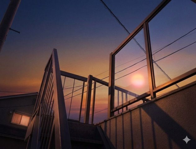 夕暮れ時のガレージの屋上部分です。