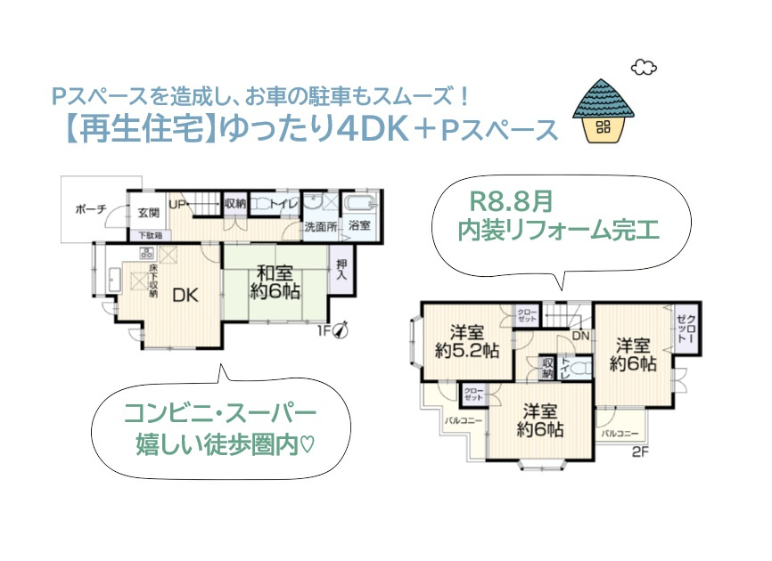 都市ガスエリアなので家計に優しい全室南向き・4DKの間取りプラン◎　Pスペースを造成し、お車の駐車もスムーズ！　キッチンはL字型で、調理も捗りますよ♪　ぜひご内見下さい。