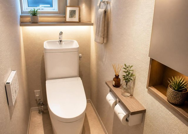 清潔感のある温水洗浄便座を採用したトイレです。本物件は1階と2階の合計2ヶ所にトイレが設置されており、朝の忙しい通勤通学の時間帯でも家族間で混雑することなくストレスなく快適にご利用いただけます。