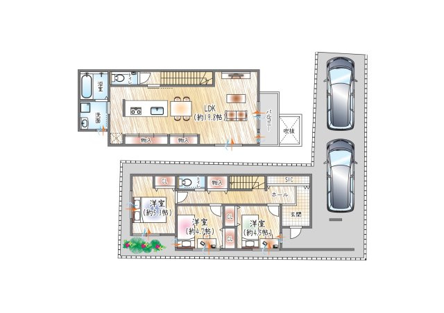 【参考プラン】(セミオーダー建物価格：2630万円～)　■建物面積：約92.79？　■2階建て×3LDK　・駐車2台可能　・約19帖の広々としたリビング　・収納豊富なゆとりある間取り