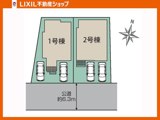 1号棟ご案内です。区画図：駐車スペースは2台可能です。