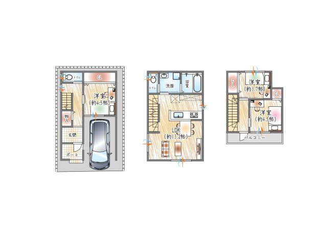 【参考プラン図？】(ベストプラン住宅　建物価格：2480万円～)　■建物面積：約76.28？　■3階×3LDK　2階に水回りをまとめ、効率的な家事動線を実現したプランです◎