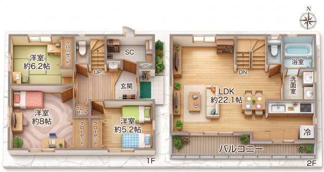 参考プランとなります。　※外構工事、地盤強化工事等は別途費用がかかります。　※上記プランは一例です、建築会社、プランは自由に決定できます。