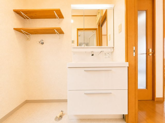 三面鏡タイプの洗面化粧台を備えた洗面室です。鏡裏や洗面台下にも収納スペースがあり、日用品やタオル類を整理整頓しやすい設計です。壁面には可動棚が設置されており、洗剤や小物類の収納にも便利です。