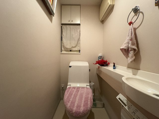 手洗いカウンター付きで機能性の高いトイレ空間。落ち着いた雰囲気で清潔感があり、来客時にも安心してお使いいただけます。上部収納も備わっており、日用品のストックもすっきり整理できます。