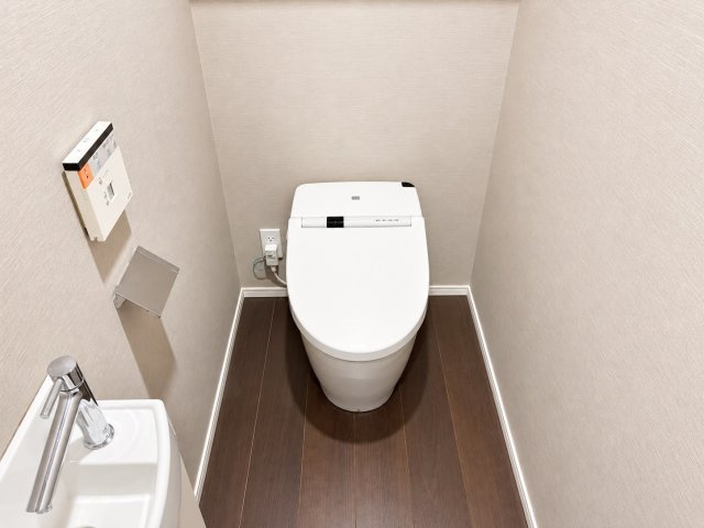 お手入れのしやすいタンクレストイレです。手洗いカウンター完備で衛生面もバッチリ♪
