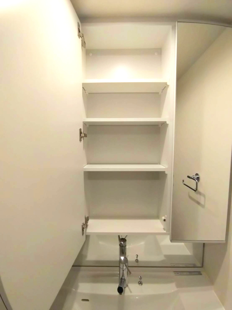 洗面台の鏡を開くと収納があります。