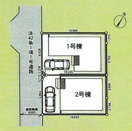 2号棟　南西側約4ｍ公道　駐車1台（車種によります）　敷地面積21.8坪　※協定地あり