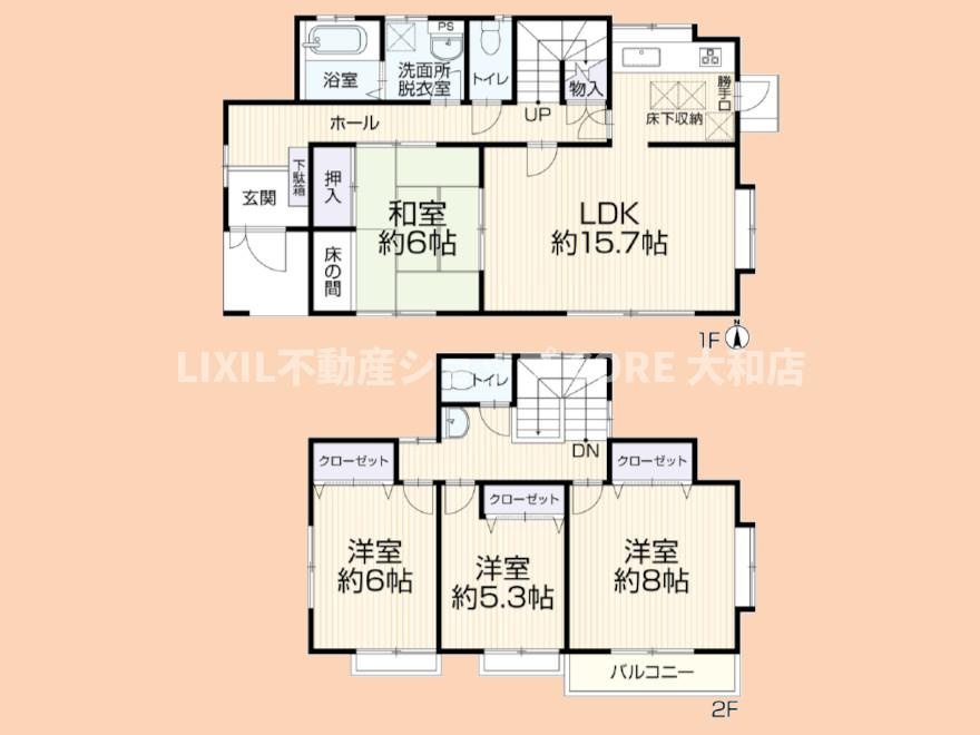 約15.7帖のLDKに6帖の和室を隣接した4LDK。2階には約8帖の主寝室を含む洋室3部屋を配置し、全居室に収納を確保。床下収納や押入も備え、家族でゆったり暮らせる収納豊富な間取りです。